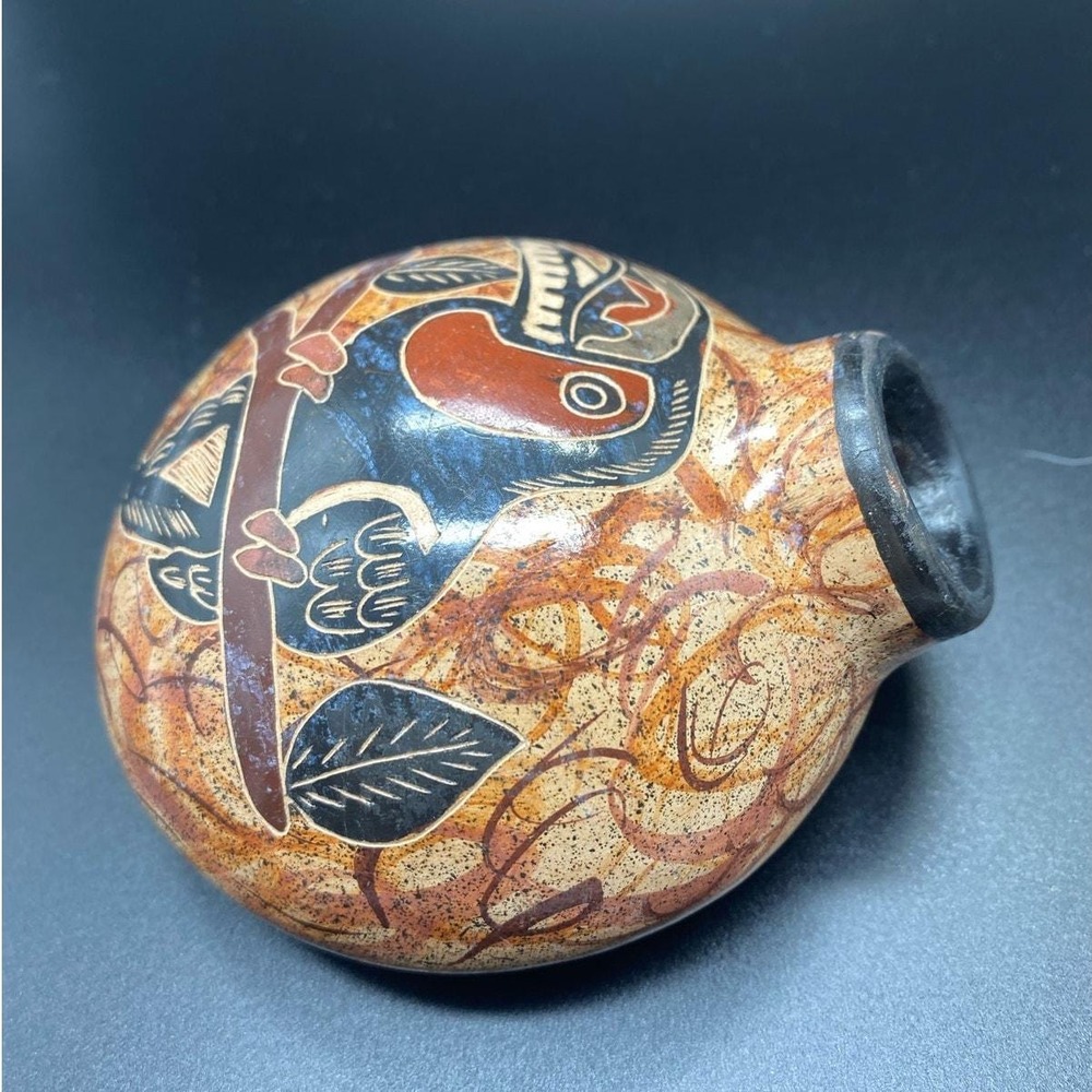 Artisan Etched Toucan pottery Sgraffito Folk Art Tropical Bird Decor wall pocket
